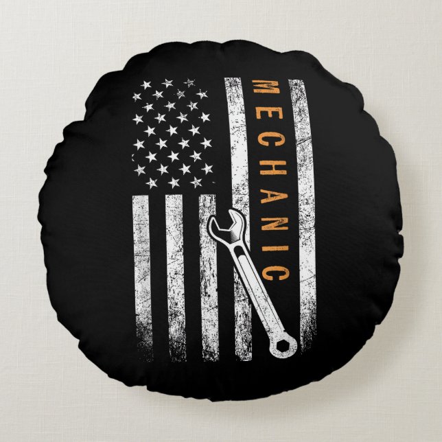 Mechanic American Flag Round Cushion (Front)