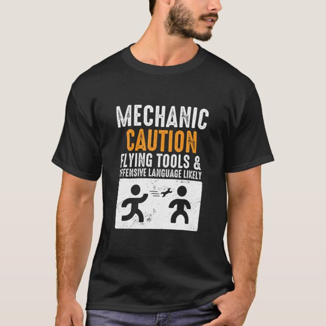 Mechanic Caution Flying Tools Funny Engineer Mecha T-Shirt (Front)