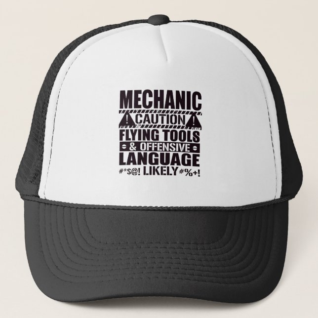 Mechanic Caution Flying Tools & Offensive Language Trucker Hat (Front)