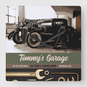 Mechanic Custom Car Motorcycle Garage   Square Wall Clock