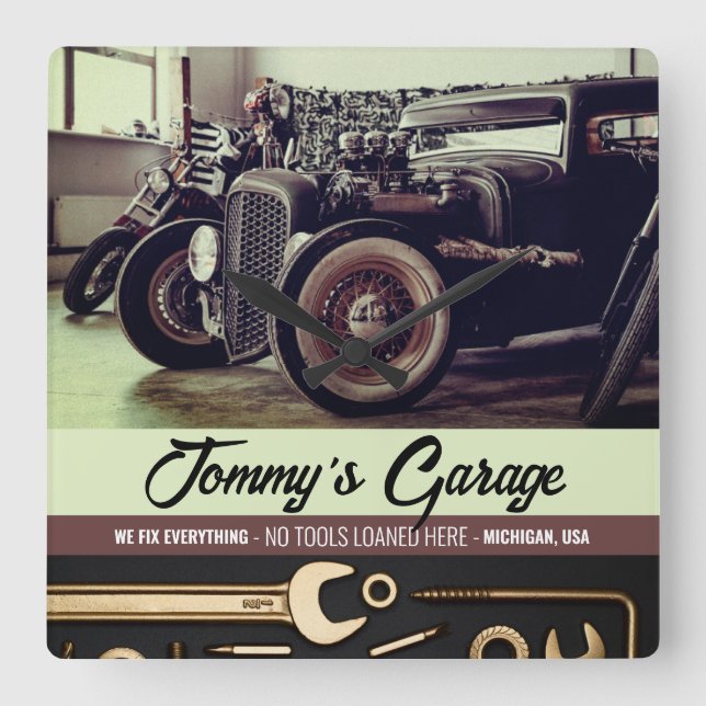 Mechanic Custom Car Motorcycle Garage Square Wall Clock (Front)