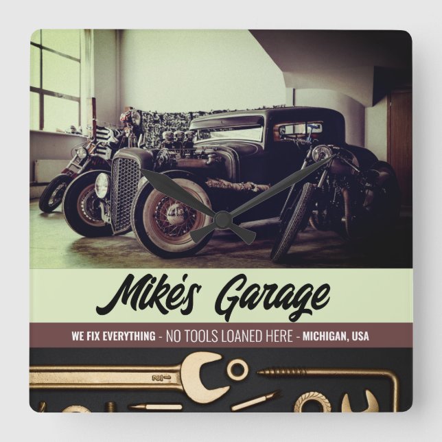 Mechanic Custom Car Motorcycle Garage Square Wall Square Wall Clock (Front)