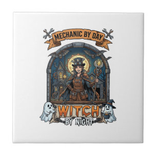 Mechanic Day Witch Night Halloween Steampunk Woman Ceramic Tile