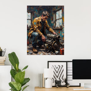 Mechanic Examining Engine Poster