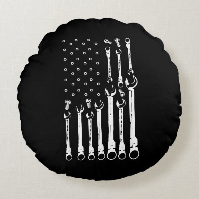 Mechanic Flag American Patriotic Flag Car Mechanic Round Cushion (Front)
