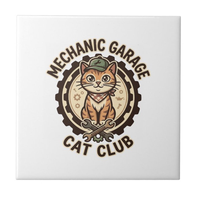 Mechanic Garage Cat POD Vector Art - Mechanic Gara Ceramic Tile (Front)