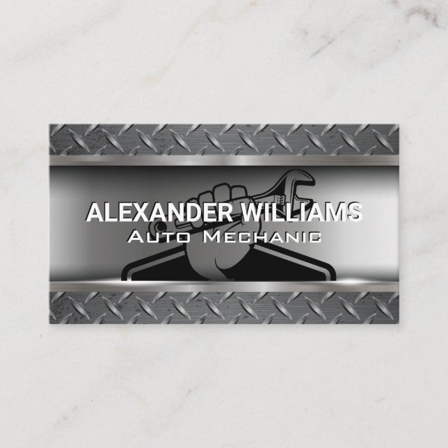 Mechanic Holding Wrench | Steel Metallic Business Card (Front)