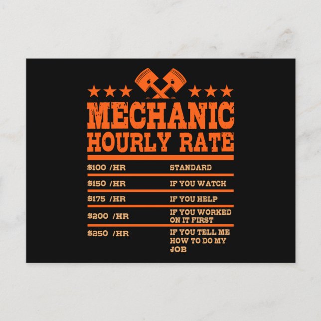 MECHANIC HOURLY RATE Funny Car Mechanic Rates Car Postcard (Front)