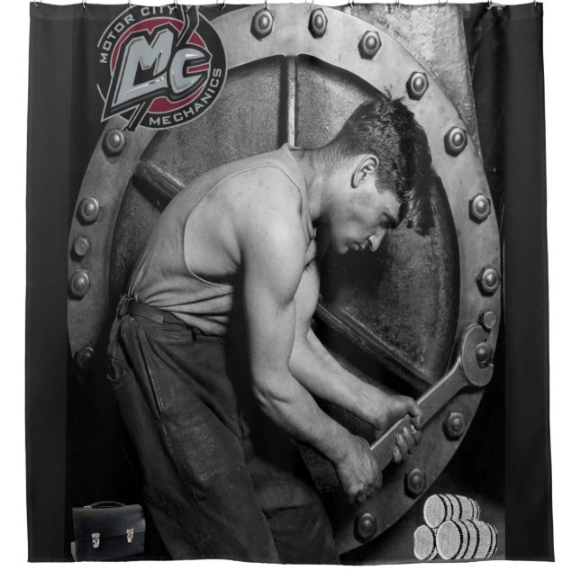 Mechanic mens black showercurtain shower curtain (Front)