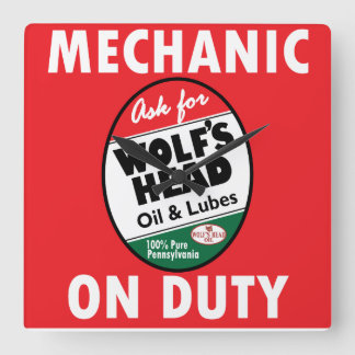 Mechanic on Duty sign. Wolf Head Oil version Square Wall Clock