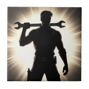 Mechanic Silhouette Wrench Over Shoulder Ceramic Tile