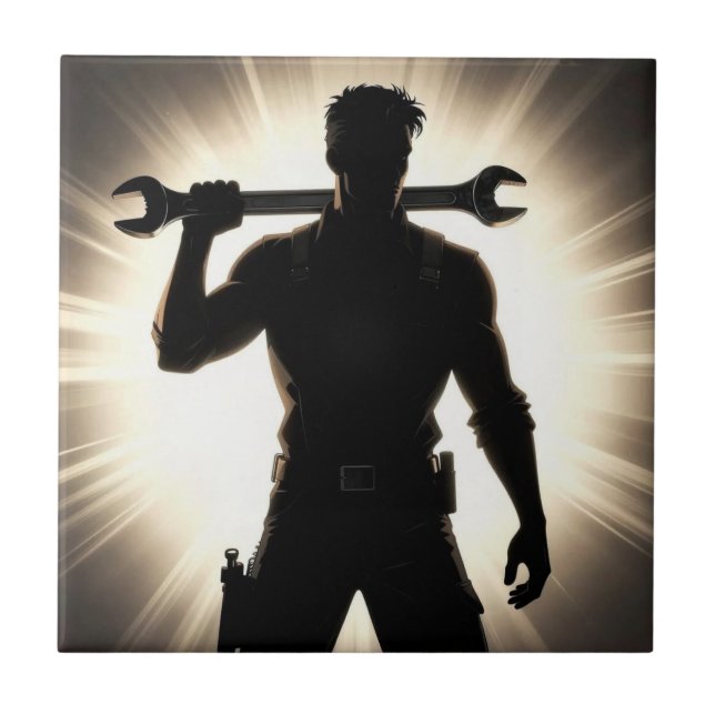 Mechanic Silhouette Wrench Over Shoulder Ceramic Tile (Front)