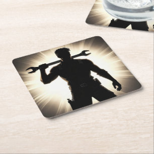 Mechanic Silhouette Wrench Over Shoulder Square Paper Coaster