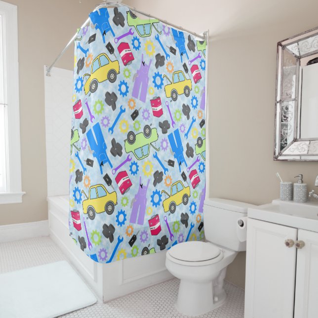 Mechanic Themed Pattern Blue Shower Curtain (In Situ)