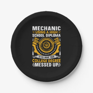 Mechanic Using A High School Diploma Paper Plate