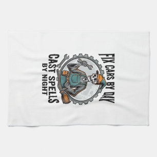 Mechanic Witch Shirt Vintage Halloween Repair Art_ Tea Towel