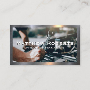 Mechanic with Wrench   Metal Border Business Card