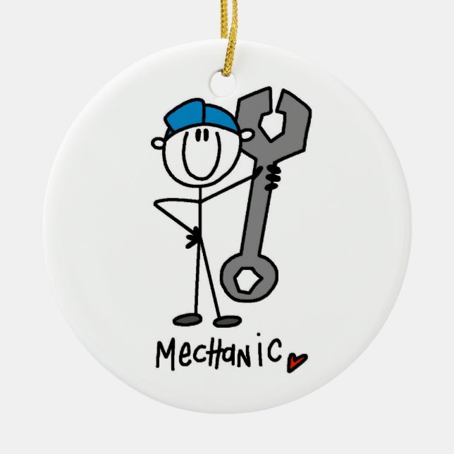 Mechanic With Wrench Stick Figure Ceramic Tree Decoration (Front)