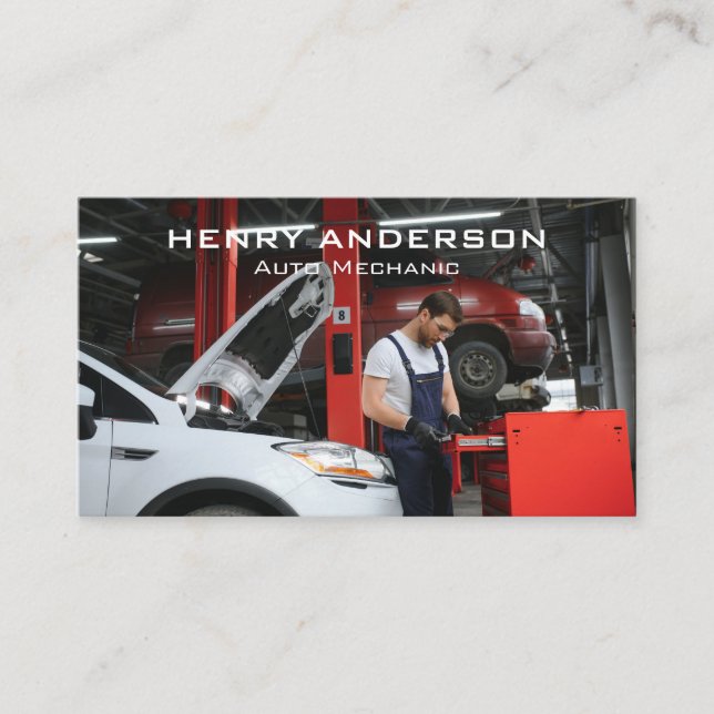 Mechanic Working on Car Engine in Shop Business Card (Front)