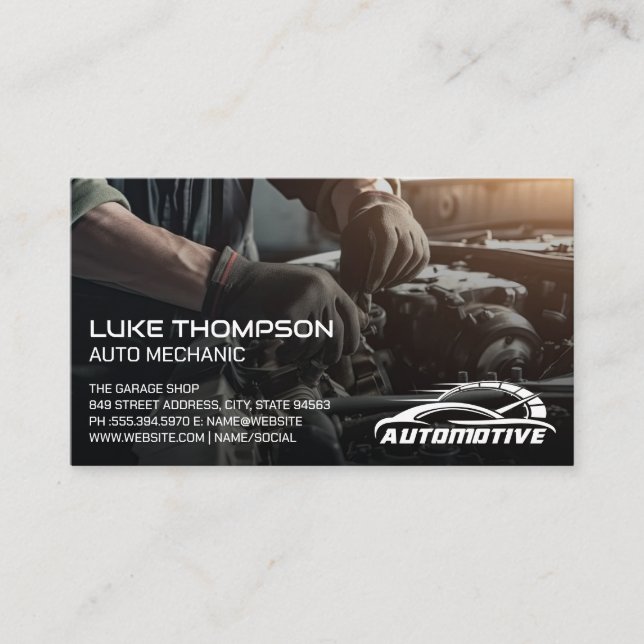 Mechanic Working on Engine | Auto Services Logo Business Card (Front)