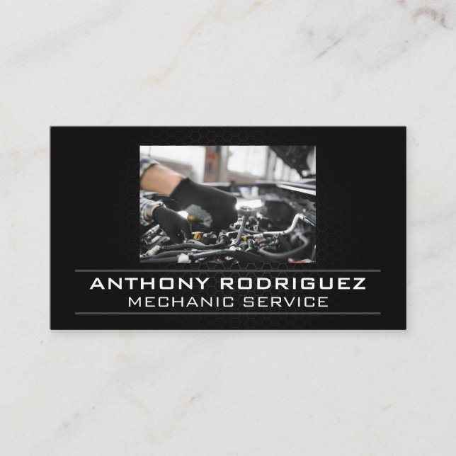 Mechanic Working on Engine | Auto Technician Business Card (Front)