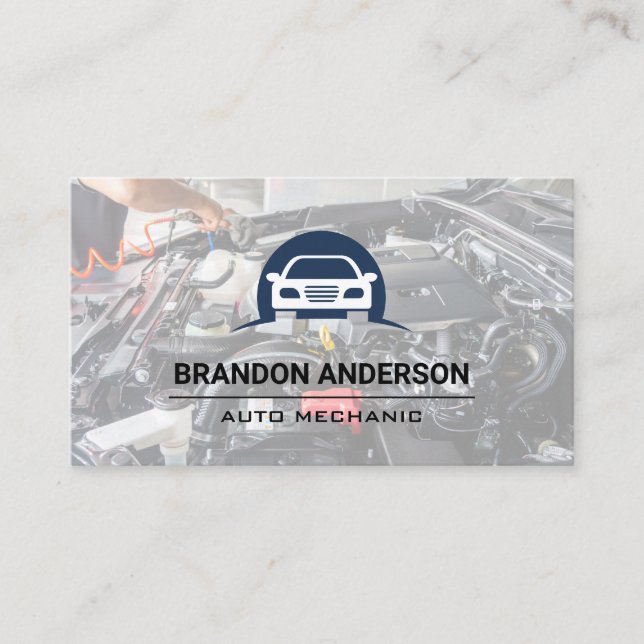 Mechanic Working on Engine | Car Logo Business Card (Front)
