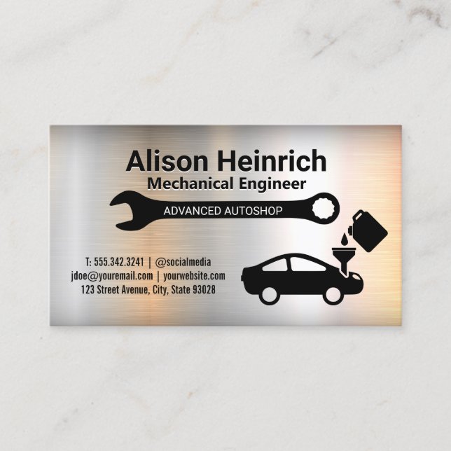 Mechanic Wrench | Car Getting Oil | Metallic Business Card (Front)