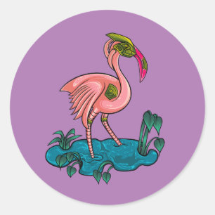 Mechanical Bird, Pink Flamingo Mecha Robot Classic Round Sticker