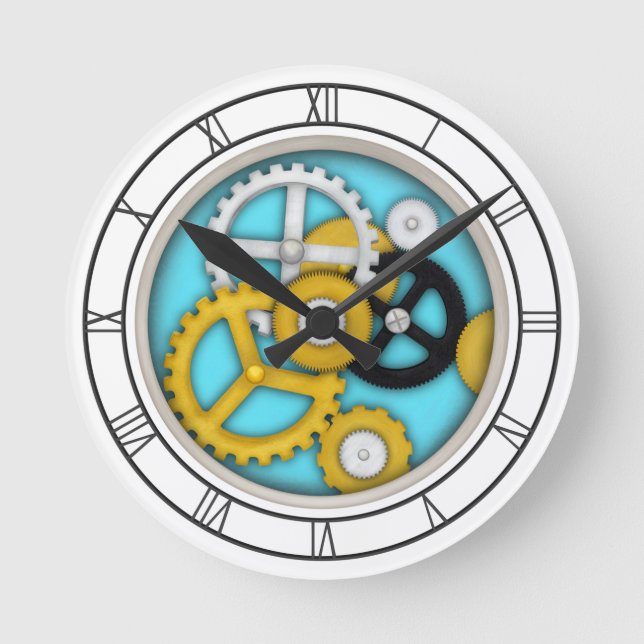 Mechanical Clockwork Illusion Trompe L'oeil Aqua Round Clock (Front)