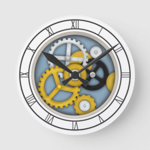 Mechanical Clockwork Illusion Trompe L'oeil Blue Round Clock