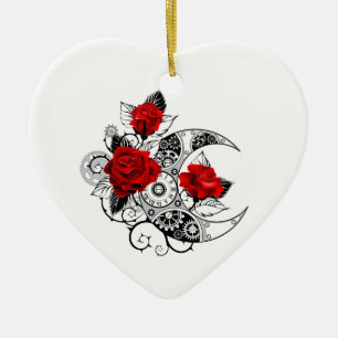 Mechanical Crescent with Red Roses Ceramic Ornament