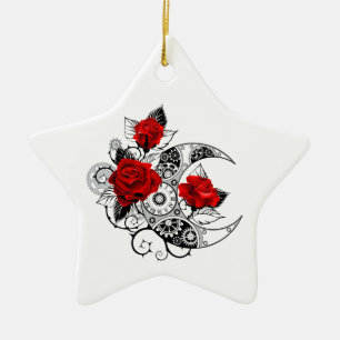 Mechanical Crescent with Red Roses Ceramic Ornament