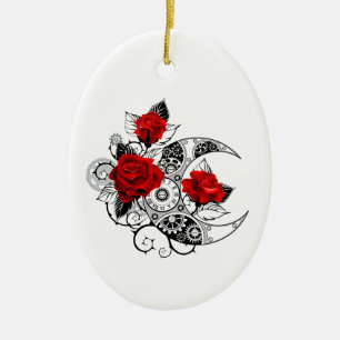 Mechanical Crescent with Red Roses Ceramic Ornament
