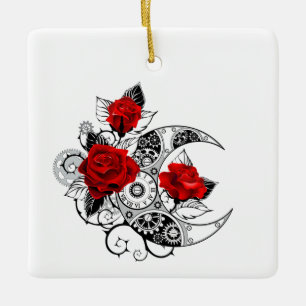 Mechanical Crescent with Red Roses Ceramic Ornament