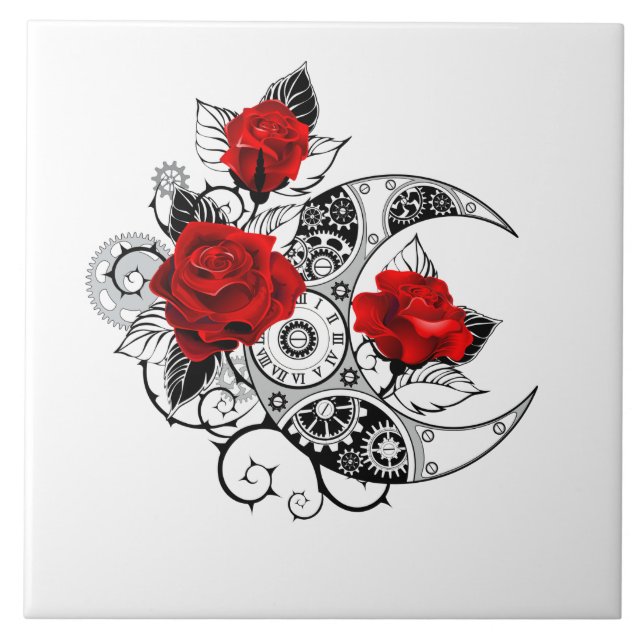 Mechanical Crescent with Red Roses Ceramic Tile (Front)