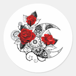 Mechanical Crescent with Red Roses Classic Round Sticker