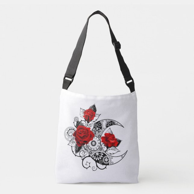 Mechanical Crescent with Red Roses Crossbody Bag (Front)