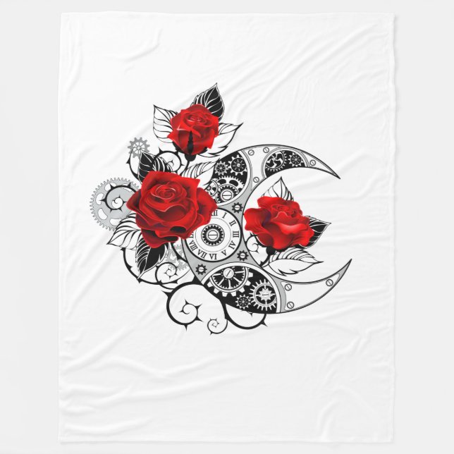 Mechanical Crescent with Red Roses Fleece Blanket (Front)