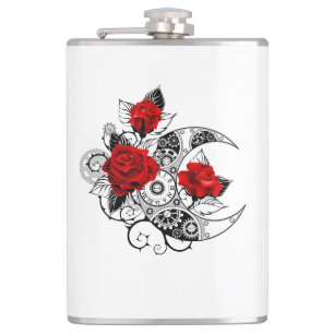 Mechanical Crescent with Red Roses Hip Flask