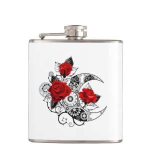 Mechanical Crescent with Red Roses Hip Flask