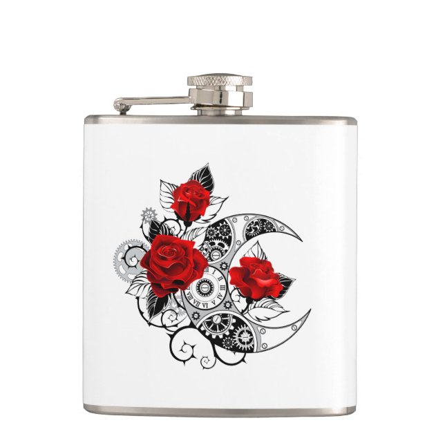 Mechanical Crescent with Red Roses Hip Flask (Front)