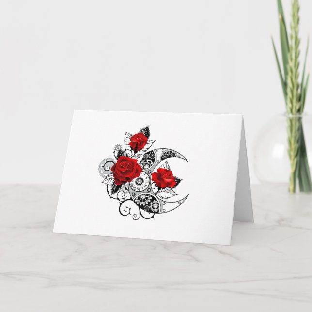 Mechanical Crescent with Red Roses Holiday Card (Front)