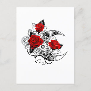 Mechanical Crescent with Red Roses Holiday Postcard