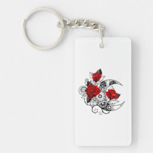 Mechanical Crescent with Red Roses Key Ring