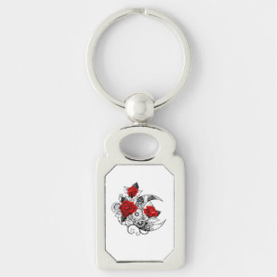 Mechanical Crescent with Red Roses Key Ring