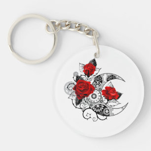 Mechanical Crescent with Red Roses Key Ring