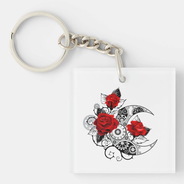 Mechanical Crescent with Red Roses Key Ring (Front)