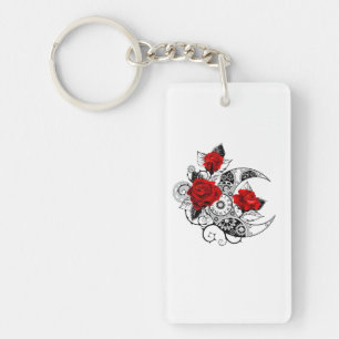 Mechanical Crescent with Red Roses Key Ring