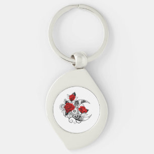 Mechanical Crescent with Red Roses Key Ring