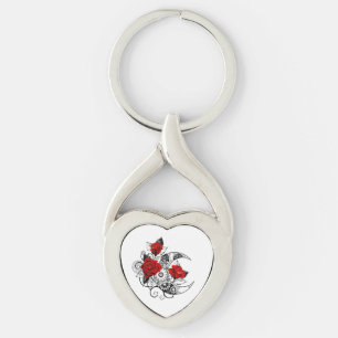 Mechanical Crescent with Red Roses Key Ring